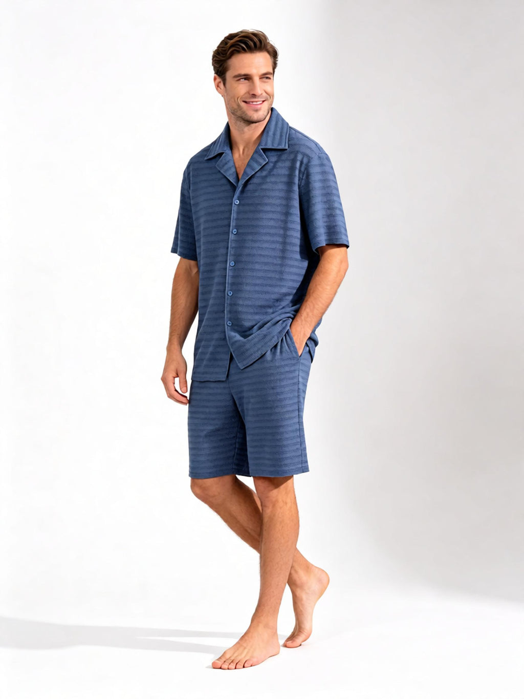 Men’s Slate‑Blue Horizontal‑Stripe Knit Loungewear Set | 82% Nylon 18% Spandex