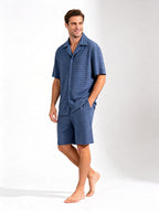 Men’s Slate‑Blue Horizontal‑Stripe Knit Loungewear Set | 82% Nylon 18% Spandex