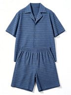 Men’s Slate‑Blue Horizontal‑Stripe Knit Loungewear Set | 82% Nylon 18% Spandex