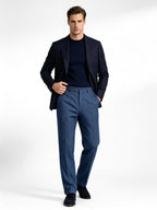 Men’s Blue Color‑Heathered Twill Straight‑Leg Trousers | Wool‑Hemp‑Cotton‑Poly Blend