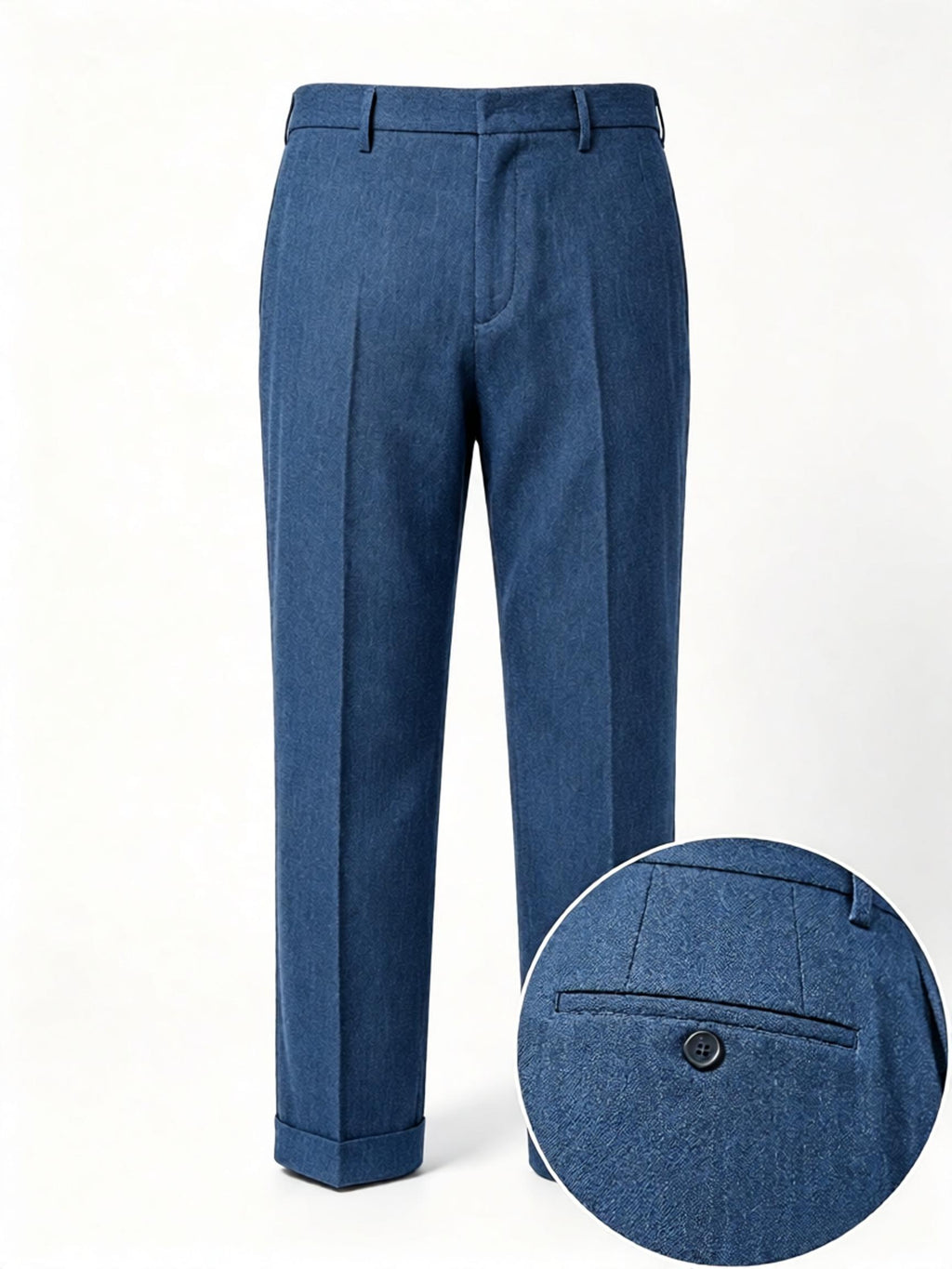 Men’s Blue Color‑Heathered Twill Straight‑Leg Trousers | Wool‑Hemp‑Cotton‑Poly Blend