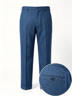 Men’s Blue Color‑Heathered Twill Straight‑Leg Trousers | Wool‑Hemp‑Cotton‑Poly Blend
