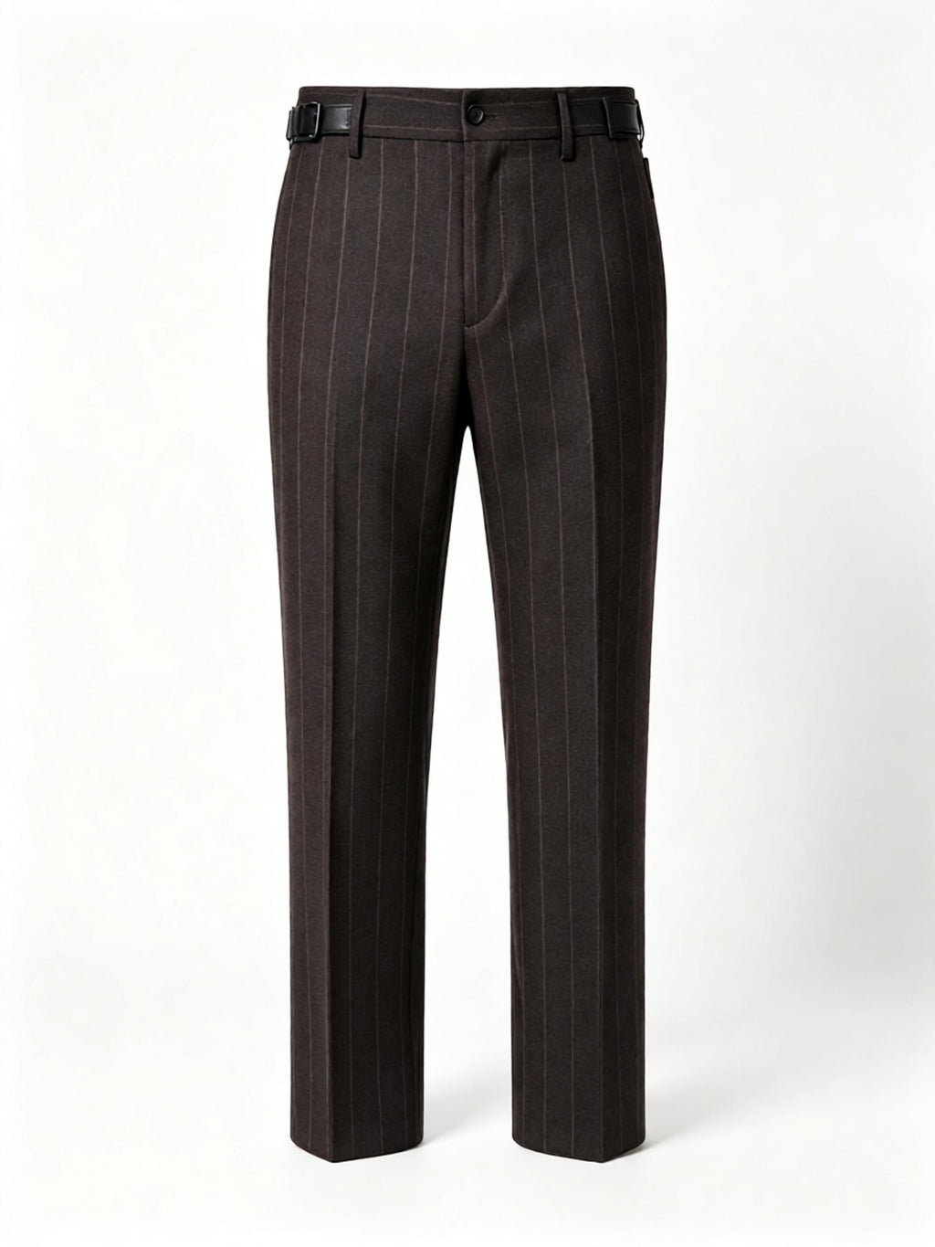 Men’s Dark Brown Pinstripe Waist‑Attached Straight‑Leg Trousers | 100% Fine‑Worsted Wool