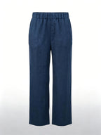 100% Linen Elastic Waist Wide‑Leg Casual Pants, Navy Blue