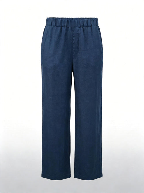 100% Linen Elastic Waist Wide‑Leg Casual Pants, Navy Blue