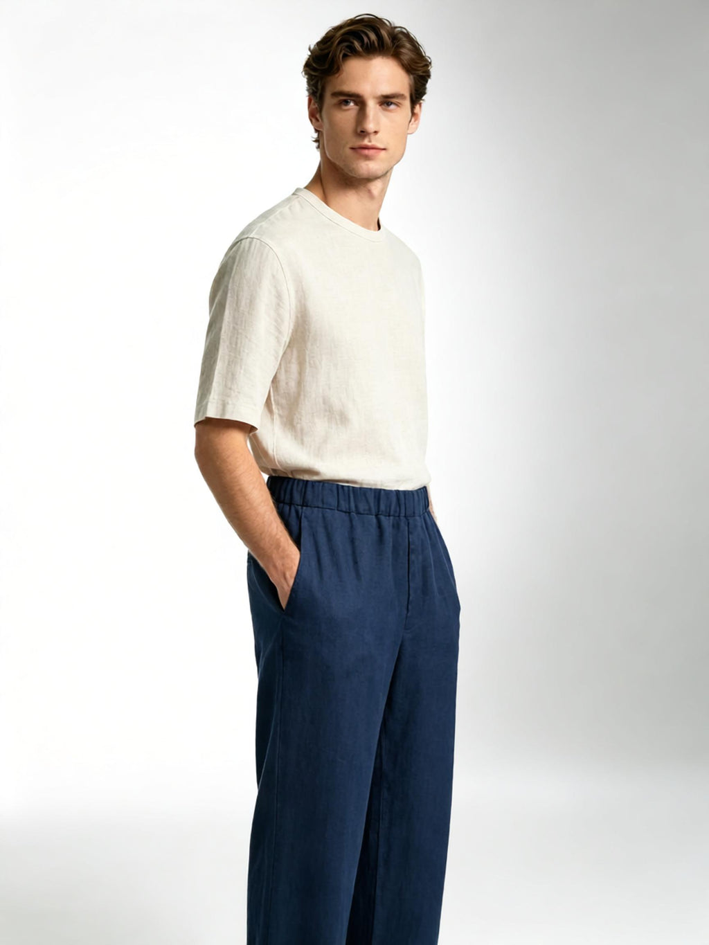 100% Linen Elastic Waist Wide‑Leg Casual Pants, Navy Blue