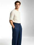 100% Linen Elastic Waist Wide‑Leg Casual Pants, Navy Blue