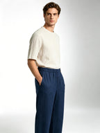 100% Linen Elastic Waist Wide‑Leg Casual Pants, Navy Blue