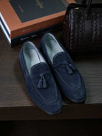 Genuine Cow Leather Navy Suede Tassel Loafers Men Business Slip On Shoes