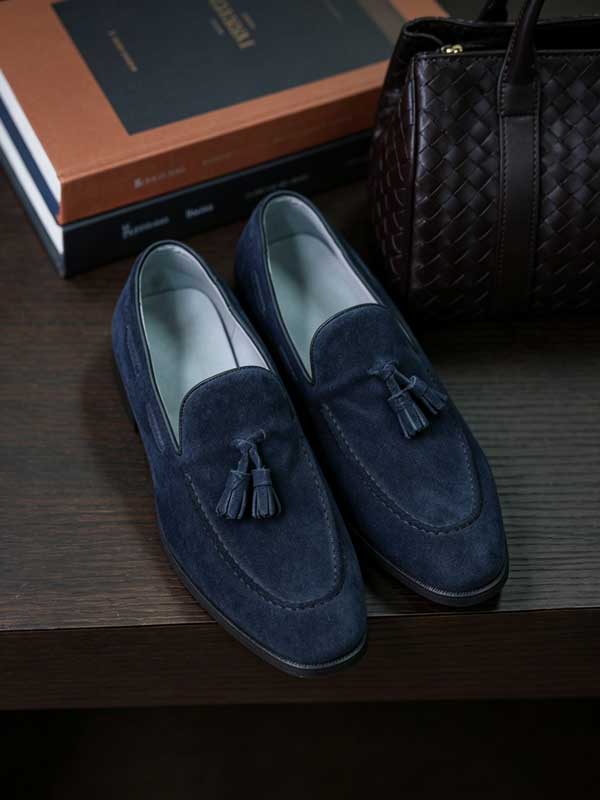 Genuine Cow Leather Navy Suede Tassel Loafers Men Business Slip On Shoes
