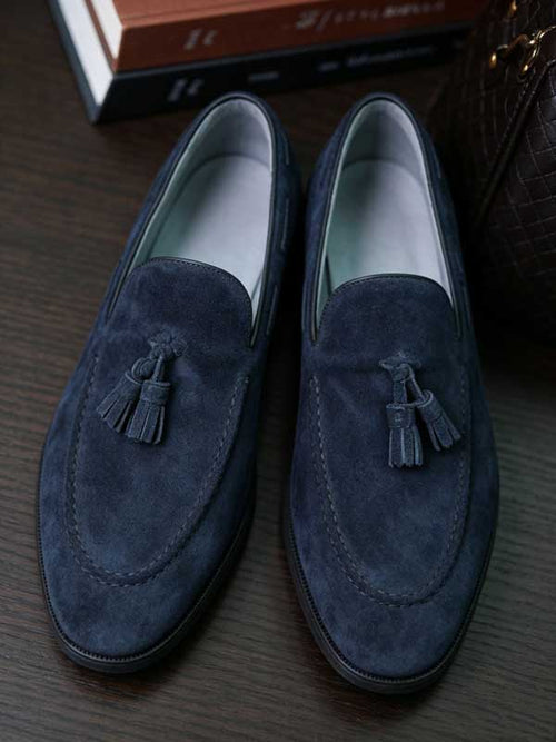 Genuine Cow Leather Navy Suede Tassel Loafers Men Business Slip On Shoes