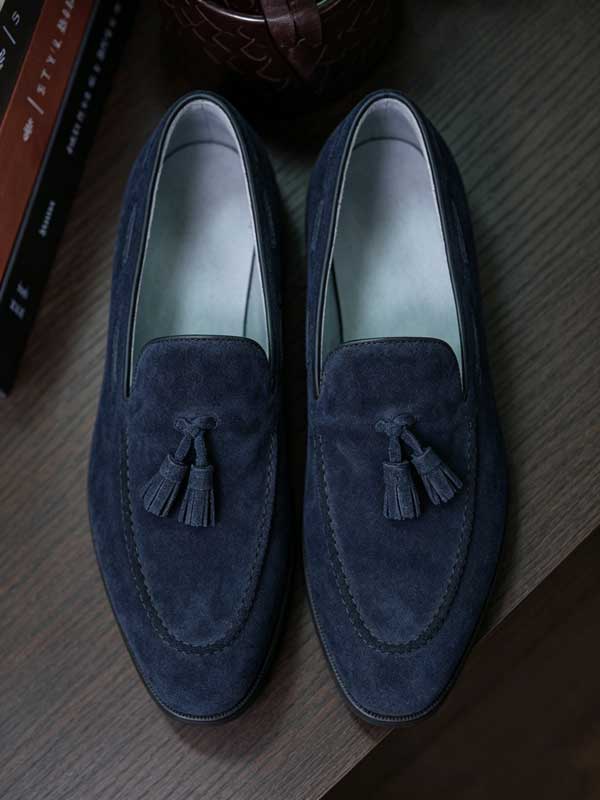 Genuine Cow Leather Navy Suede Tassel Loafers Men Business Slip On Shoes